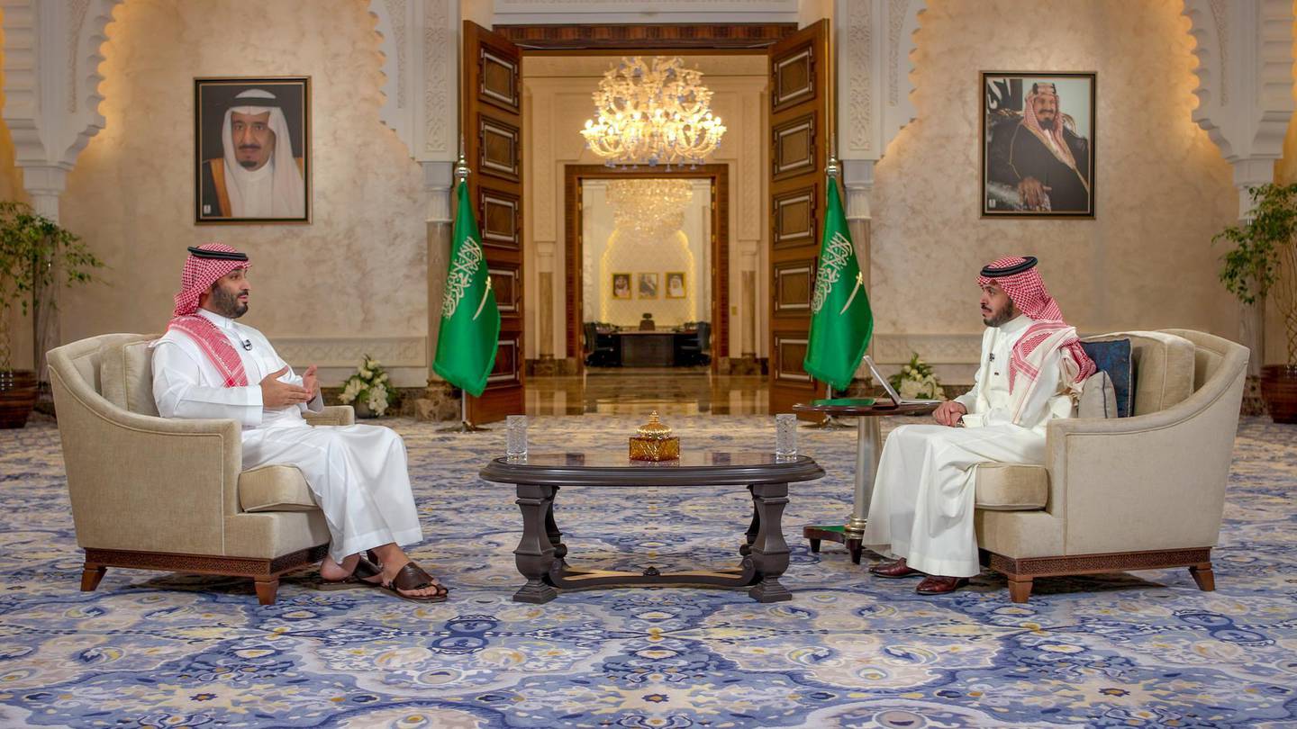 Saudi Crown Prince Mohammed Bin Salman speaks during a televised interview in Riyadh, Saudi Arabia, April 27, 2021. Picture taken April 27, 2021. Bandar Algaloud/Courtesy of Saudi Royal Court/Handout via REUTERS ATTENTION EDITORS - THIS PICTURE WAS PROVIDED BY A THIRD PARTY