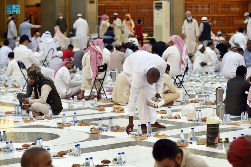 People breaking their fast at Quba Mosque, Madinah, Saudi Arabia. SPA
