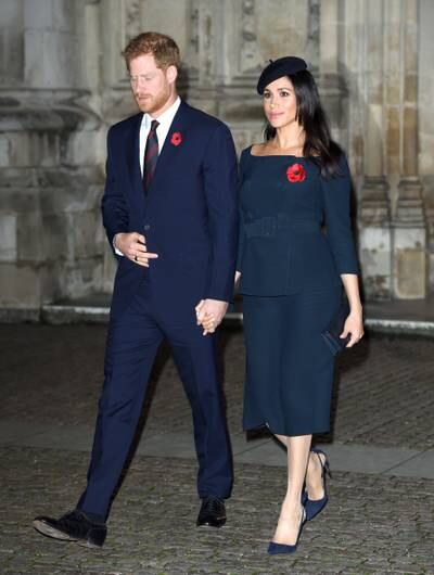 LONDON, ENGLAND - NOVEMBER 11:  Prince Harry, Duke of Sussex and Meghan, Duchess of Sussex attend the Centenary Of The Armistice Service at Westminster Abbey on November 11, 2018 in London, England.  (Photo by Karwai Tang/WireImage)