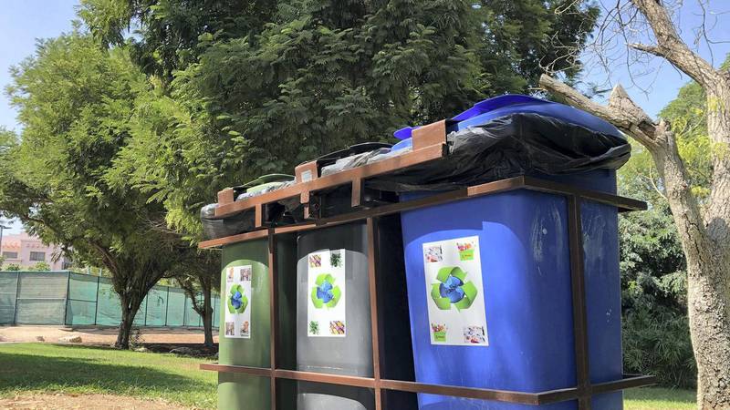 Glass, paper, cans and plastic for recycling in the Gardens, Dubai. The growth of circular business models will require “structural and technological change” according to UNEP. Chris Whiteoak / The National