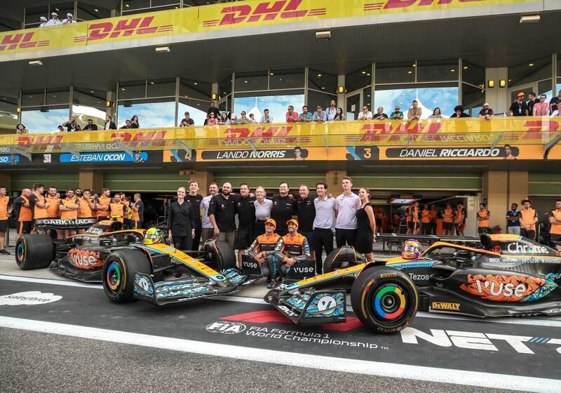 McLaren Team yearl ender photo session with Daniel Ricciardo and Lando Norris on championship day behind the Pit Lane Walk at the Yas Marina Circuit in Abu Dhabi. Victor Besa / The National