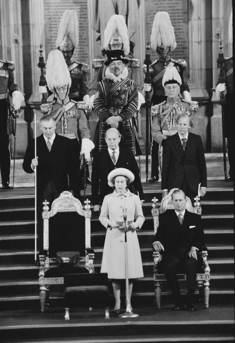 Queen Elizabeth addresses the British Parliament in the run-up to her silver jubilee at Westminster Hall, London in May 1977.