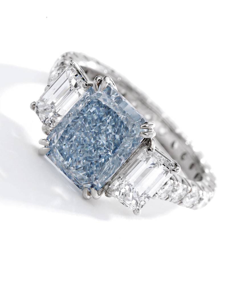 This blue diamond and diamond ring set is worth between $2.5 – $3.5 million. Courtesy Sotheby's