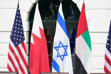 The flags of the United States, Bahrain, Israel and the UAE following a signing of the Abraham Accords in Washington. EPA