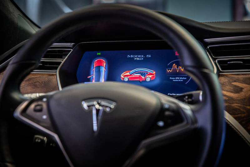 The control panel of a Tesla Inc. Model S electric vehicle displays automobile information inside a Tesla Inc. store in Barcelona, Spain, on Thursday, July 11, 2019. Tesla is poised to increase production at its California car plant and is back in hiring mode, according to an internal email sent days after the company wrapped up a record quarter of deliveries. Photographer: Angel Garcia/Bloomberg