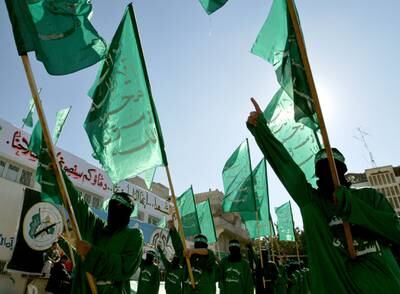 Hamas parade at a rally in Gaza city on November 14, 2003. Reuters
