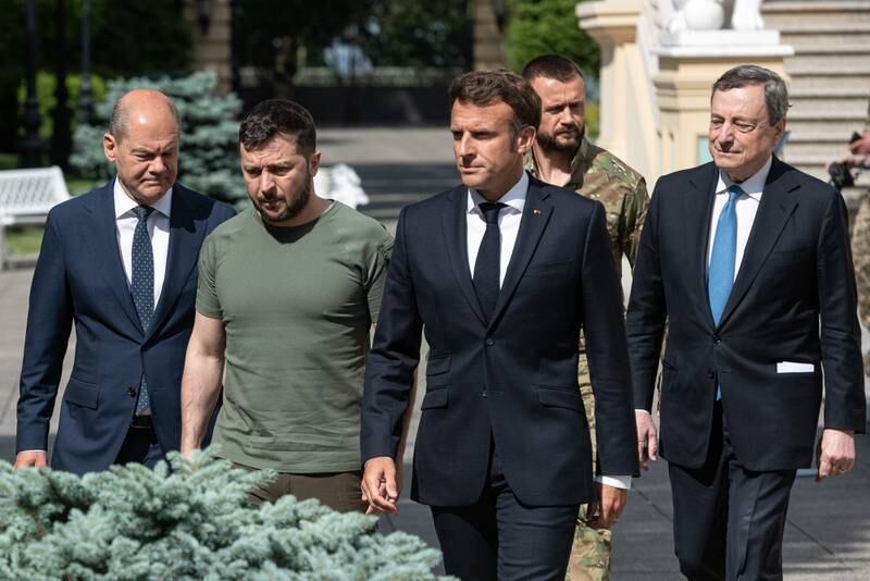 From left, German Chancellor Olaf Scholz, Ukrainian President Volodymyr Zelenskyy, French President Emmanuel Macron and Italian Prime Minister Mario Draghi in Kyiv. Getty