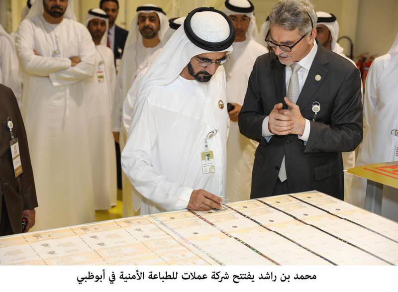 Sheikh Mohammed bin Rashid, Vice President and Ruler of Dubai, on Saturday, opens Oumolat Security Printing, a banknote printing company in Khalifa Industrial Zone Abu Dhabi. Wam