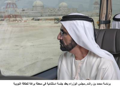 Sheikh Mohammed bin Rashid, Prime Minister and Ruler of Dubai, on his way to the Barakah Nuclear Power Plant site in Al Dhafra, Abu Dhabi, where he chaired a Cabinet session on Monday. Wam