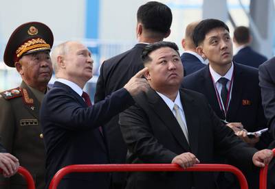 Mr Putin and Mr Kim arrived at the Vostochny Cosmodrome ahead of planned talks that could lead to a weapons deal. AFP