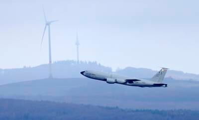 A US military aircraft takes off at the US Air Base Ramstein, in Landstuhl, Germany, on February 25. US President Joe Biden February 24 authorised the deployment of further armed forces to Germany as part of Nato's response to Russia's military aggression on Ukraine. EPA