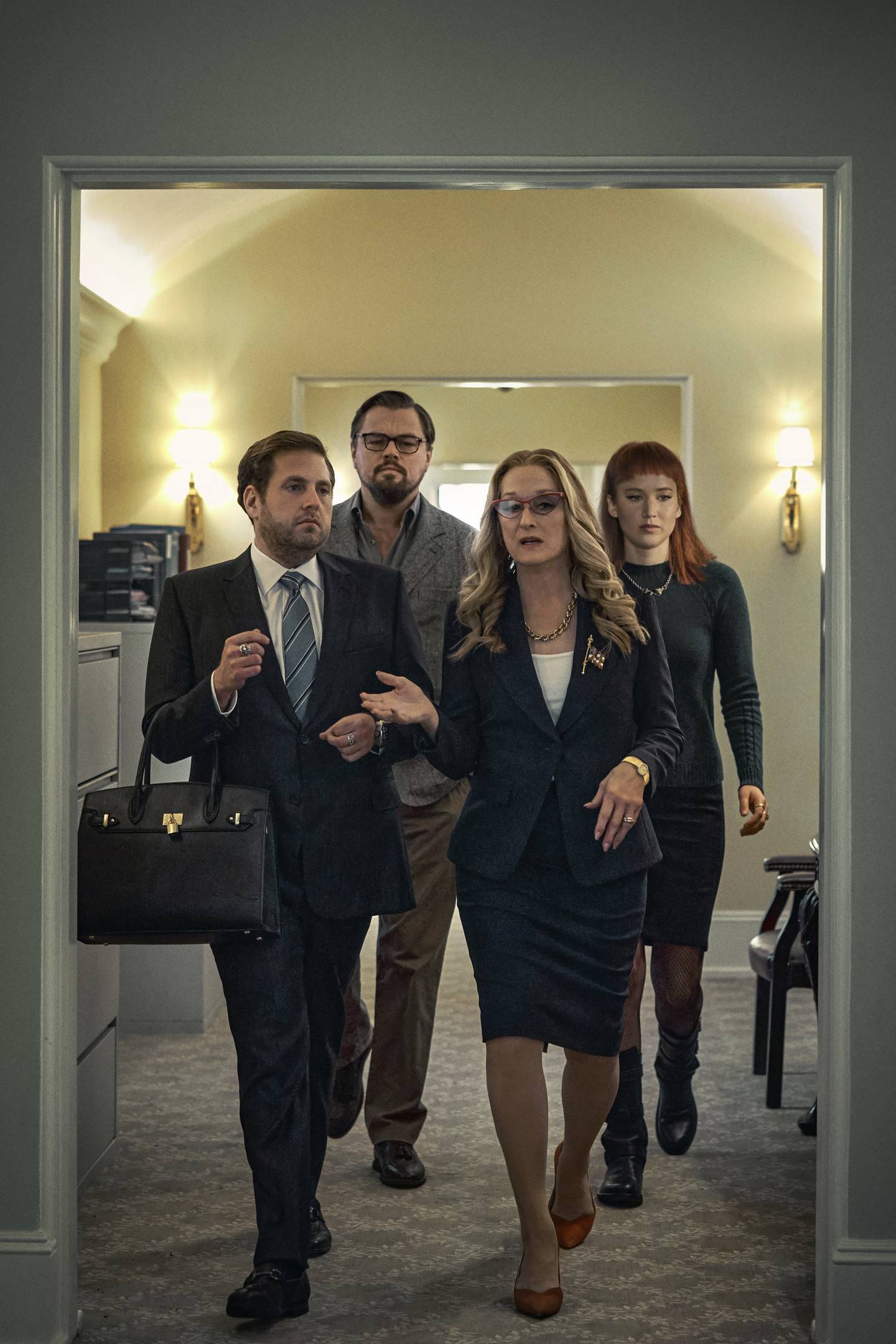 Besides DiCaprio and Lawrence, the ensemble cast also includes Jonah Hill and Meryl Streep, who plays the US president. Photo: Netflix