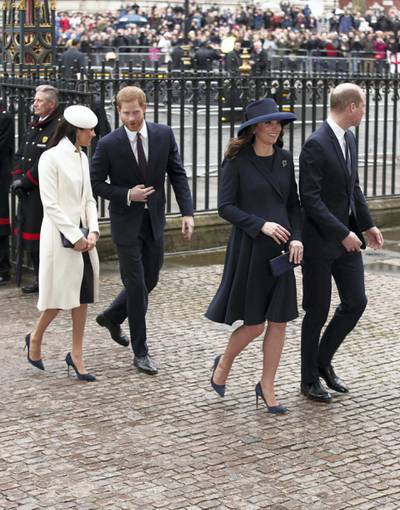 The Duke and Duchess of Cambridge, Prince Harry and Meghan Markle, arrive for the Commonwealth Service at Westminster Abbey, London.