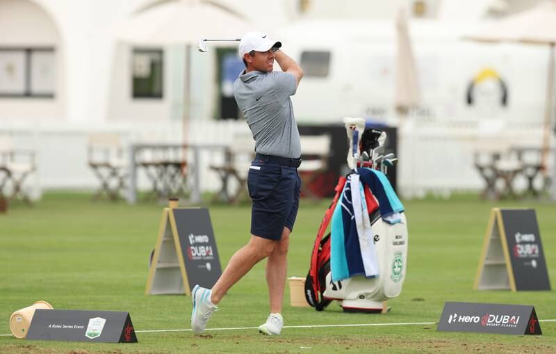 Rory McIlroy on the driving range prior to the Hero Dubai Desert Classic at Emirates Golf Club on January 23, 2023 in Dubai, United Arab Emirates. Getty