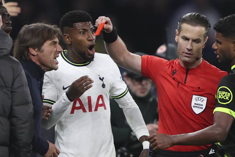 Referee Danny Makkelie shows a red card to Tottenham coach Antonio Conte during the 1-1 Champions League draw against Sporting at Tottenham Hotspur Stadium on October 26, 2022. AP