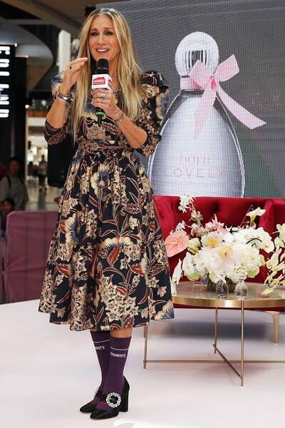 Sarah Jessica Parker, in floral Ulla Johnson, speaks at the Highpoint Shopping Centre on October 23, 2019. Getty