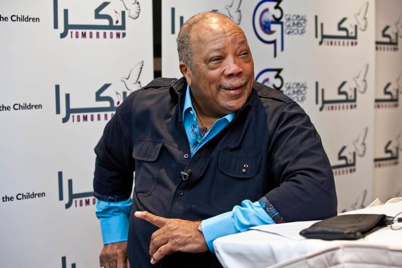 DUBAI, UNITED ARAB EMIRATES,  November 11, 2012. Quincy Jones, executive producer, at the music charity collaboration "Tomorrow-Bokra". Exactly one year on from the launch to talk about how funds raised from this inspirational music production and multi-artist collaboration, are going to help launch educational programs in Music, Arts & Culture for Arab children across the region, in association with: Save The Children, UN World Food Program and Abu Dhabi Music & Arts Foundation. (ANTONIE ROBERTSON / The National)
