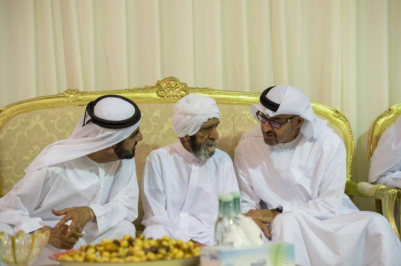 Leading the tributes: Sheikh Mohammed bin Rashid, Vice President and Ruler of Dubai, and Sheikh Mohammed bin Zayed, Crown Prince of Abu Dhabi and Deputy Supreme Commander of the Armed Forces, offer comfort to the father of the hero Abdulrahman Al Baloushi, who died while serving as part of Operation Restoring Hope, in August.  Rashed Al Mansoori / Crown Prince Court – Abu Dhabi