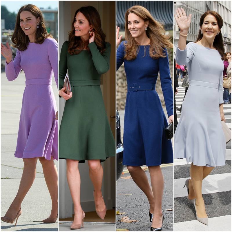 The Duchess of Cambridge has worn the Emilia Wickstead Kate dress in lilac, olive green and royal blue for appearances dating back to 2017, while Princess Mary wore it in powder blue during a 2015 visit to Tokyo, Japan. Getty Images, Reuters