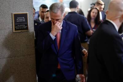 US House Speaker Kevin McCarthy reacts after a House Republican conference meeting at the US Capitol in Washington, on September 27, 2023. Reuters