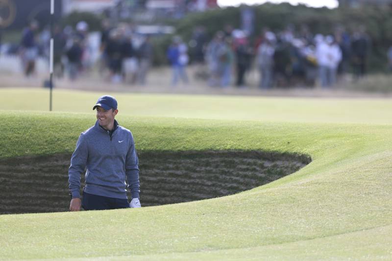 Northern Ireland's Rory McIlroy prepares to play out of a bunker on the 16th hole on the Old Course at St  Andrews. AP