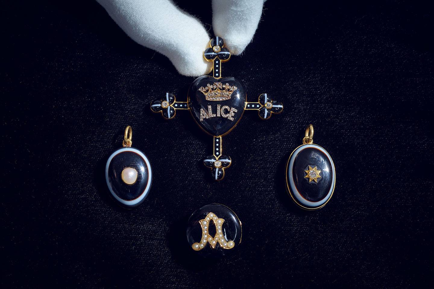 Four pieces of mourning jewellery worn by Queen Victoria. Made to commemorate her husband, Prince Albert, who died in 1861, and daughter Princess Alice, who died in 1878. Photo Sotheby's