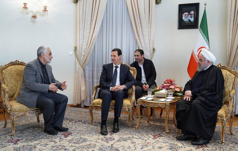 Suleimani during a meeting with Syria's President Bashar al-Assad, centre, and his Iranian counterpart Hassan Rouhani in Tehran in 2019. AFP