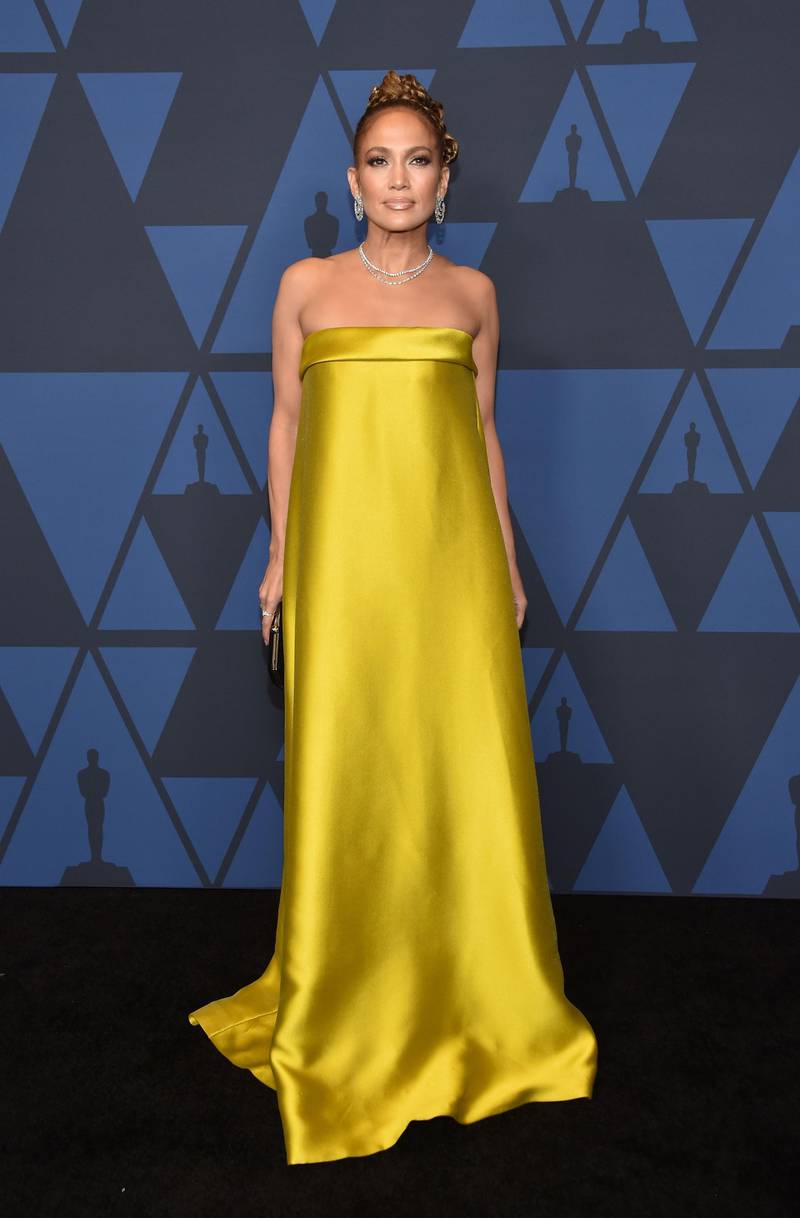 US singer Jennifer Lopez in Reem Acra at the 11th Annual Governors Awards gala hosted by the Academy of Motion Picture Arts and Sciences at the Dolby Theater in Hollywood on October 27, 2019. AFP