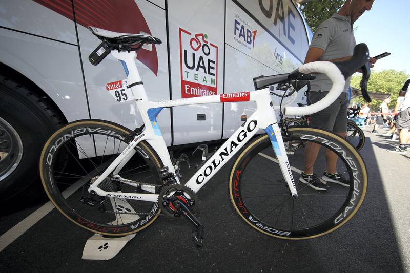 QUIMPER, FRANCE - JULY 11: Start / Alexander Kristoff of Norway and UAE Team Emirates / Colnago Bike / Detail View / during stage five of the 105th Tour de France 2018, a 204,5km stage from Lorient to Quimper on July 11, 2018 in Quimper, France.  (Photo by Chris Graythen/Getty Images)
