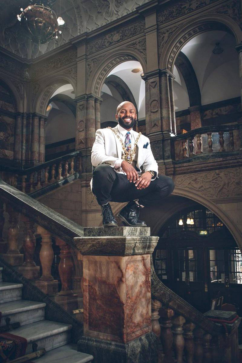 Councillor Magid Magid, in his now famous pose after inauguration as Sheffield's Lord Mayor Photos Chris Saunders