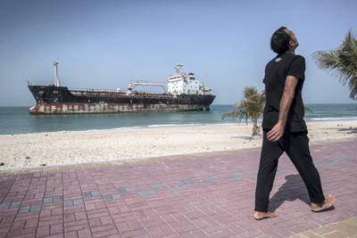 DUBAI, UNITED ARAB EMIRATES. 24 JANUARY 2021. A ship that ran around off the public beach in Umm Al Quwain. (Photo: Antonie Robertson/The National) Journalist: Nick Webster Section: National.