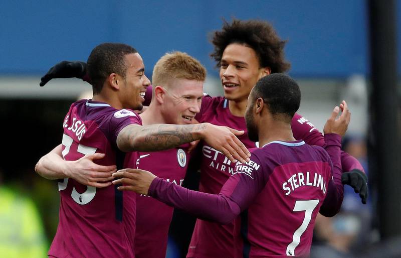 Soccer Football - Premier League - Everton vs Manchester City - Goodison Park, Liverpool, Britain - March 31, 2018   Manchester City's Gabriel Jesus celebrates scoring their second goal with Kevin De Bruyne, Raheem Sterling and Leroy Sane    Action Images via Reuters/Carl Recine    EDITORIAL USE ONLY. No use with unauthorized audio, video, data, fixture lists, club/league logos or "live" services. Online in-match use limited to 75 images, no video emulation. No use in betting, games or single club/league/player publications.  Please contact your account representative for further details.