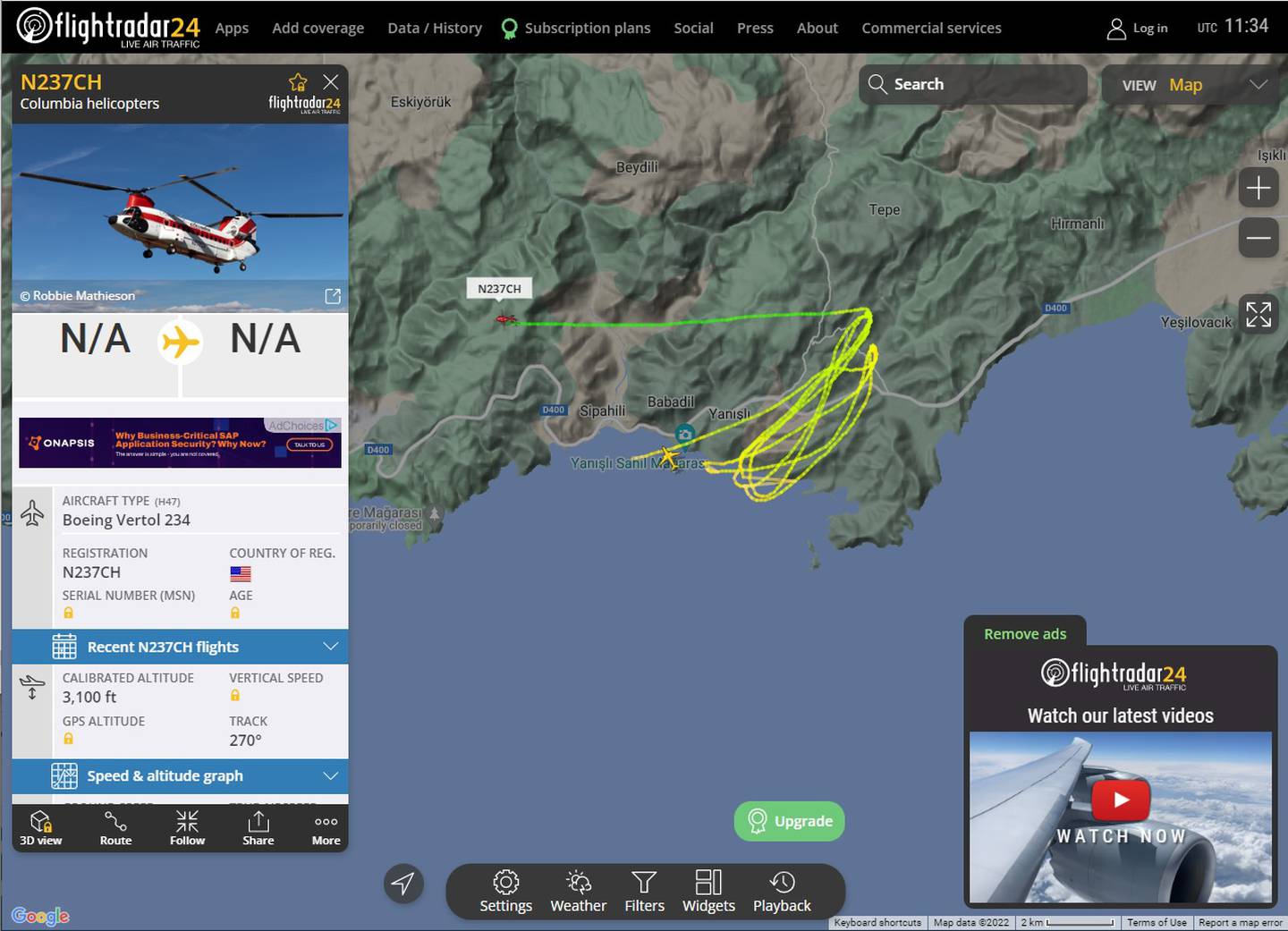 A Boeing Vertol 234 helicopter usually used in aerial firefighting in forest fires can be seen flying in circles close to the Akkuyu nuclear power plant. Photo via Flightradar24