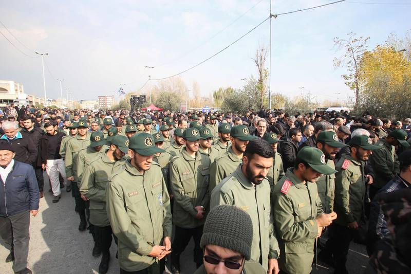 Members of Iran's Islamic Revolutionary Guard Corps take part in a demonstration against American crimes in Tehran. AFP