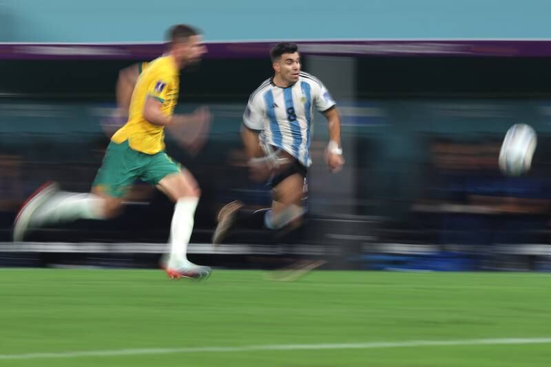 Marcos Acuna of Argentina eludes Milos Degenek of Australia during the FIFA World Cup Qatar 2022 Round of 16 match between Argentina and Australia at Ahmad Bin Ali Stadium in Doha, Qatar. Getty Images