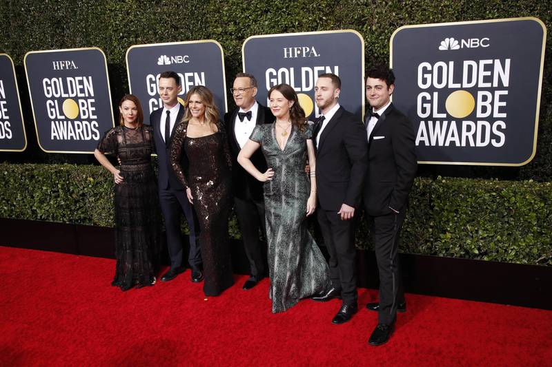 Samantha Bryant, Colin Hanks, Rita Wilson, Tom Hanks, Elizabeth Ann Hanks, Chet Hanks, and Truman Theodore Hanks arrive for the 77th annual Golden Globe Awards ceremony.  EPA