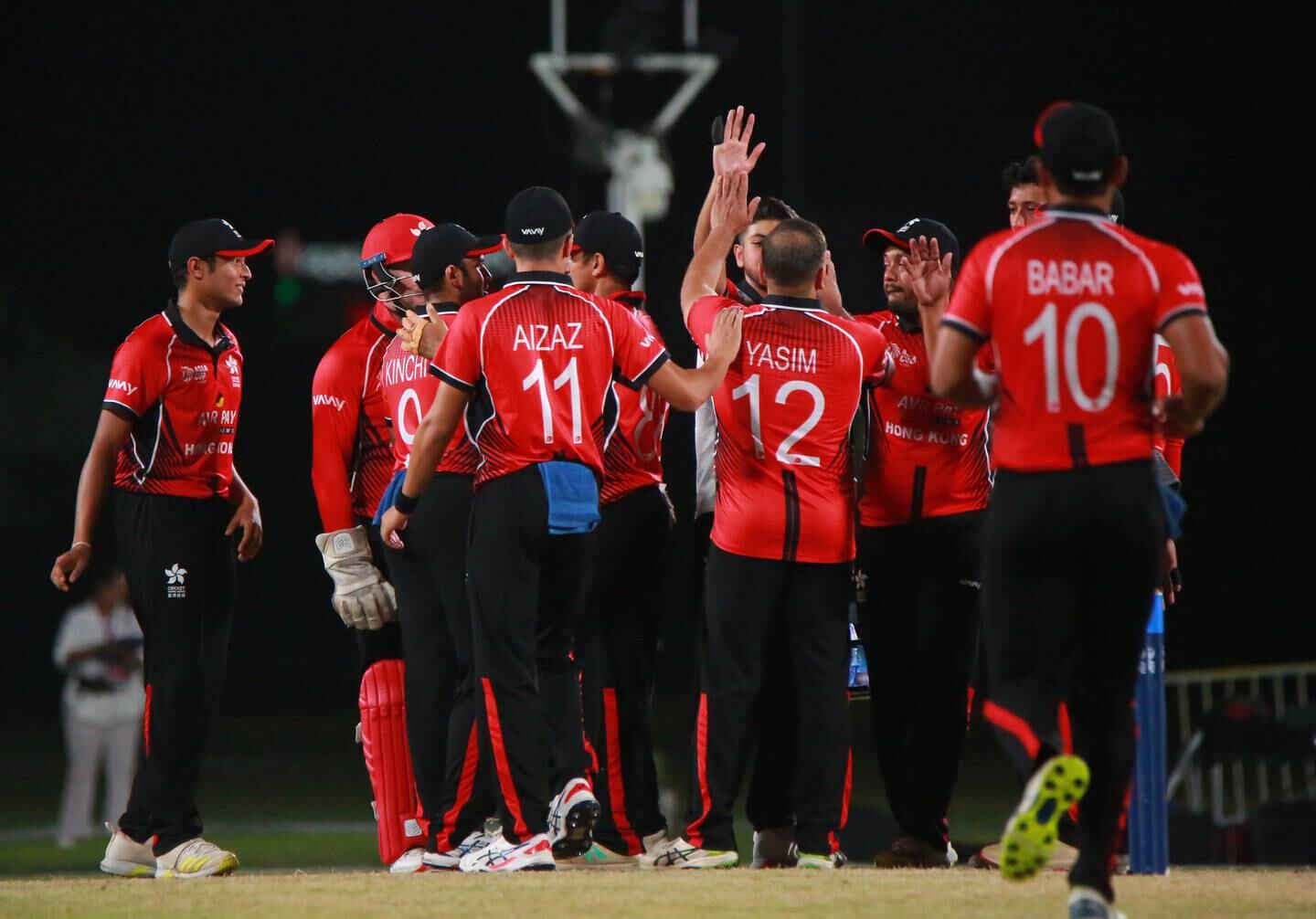 Hong Kong celebrate a wicket during their Asia Cup Qualifier win against UAE in Muscat. Courtesy ACC