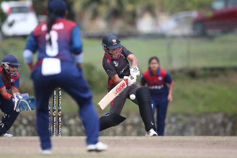 Chaya Mughal attempts to hit out, but scoring proved difficult for UAE's batters in their ACC Women's T20 Championship against Nepal in Kuala Lumpur. 
