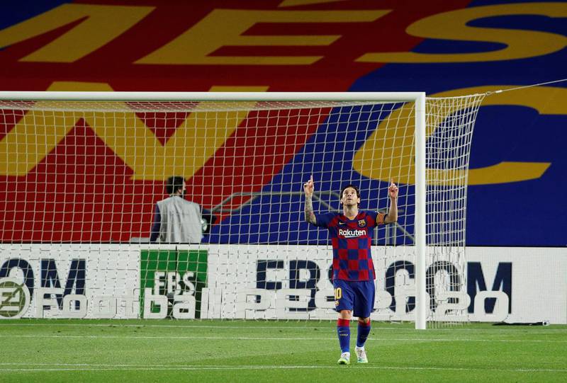 Barcelona's Lionel Messi celebrates scoring their second goal. Reuters