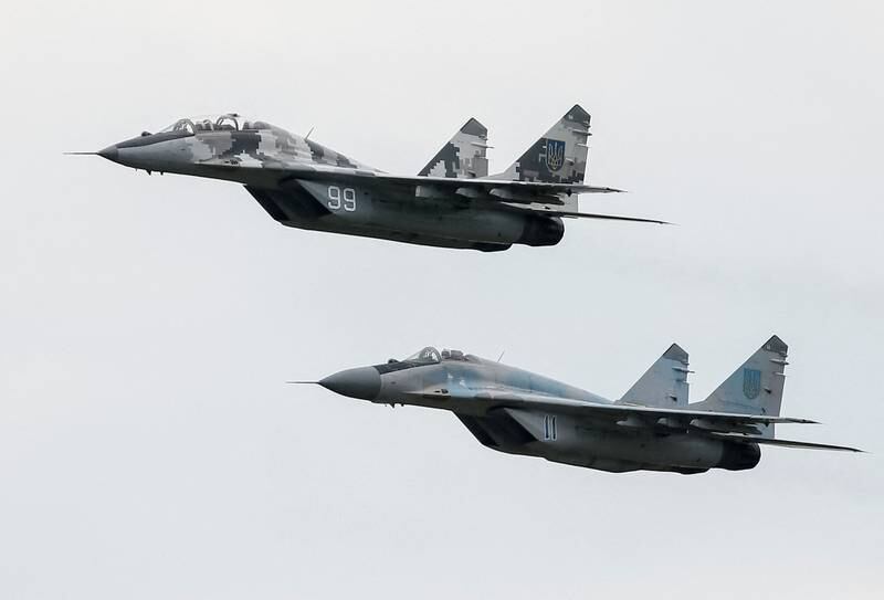 File photo of MIG-29 fighter aircraft flying over a military air base in Vasylkiv, Ukraine. Reuters