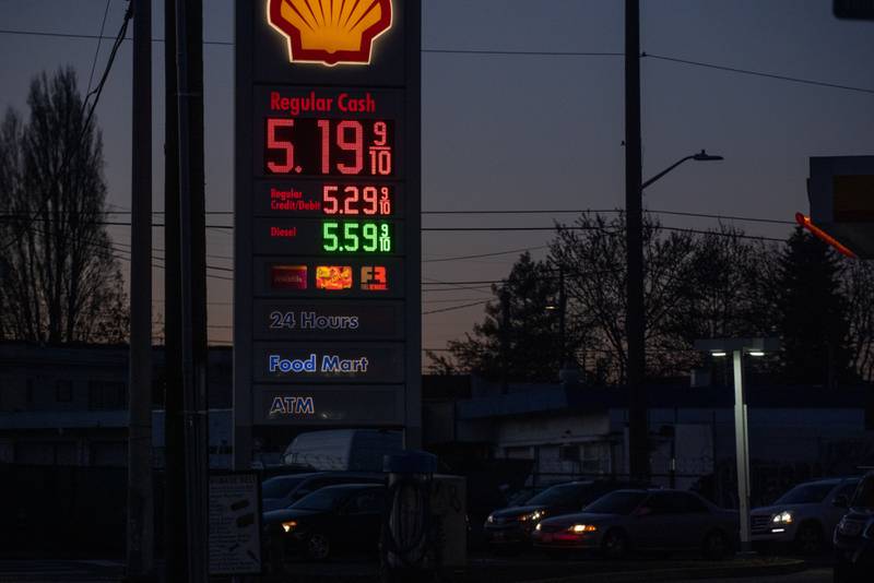 Fuel prices at a Shell gas station in the International District in Seattle on March 9. Prices have surged after the US and UK banned Russian oil imports. Bloomberg