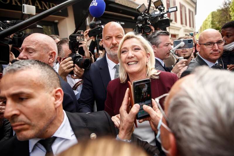 Ms Le Pen greets supporters in Vernon, Normandy. EPA