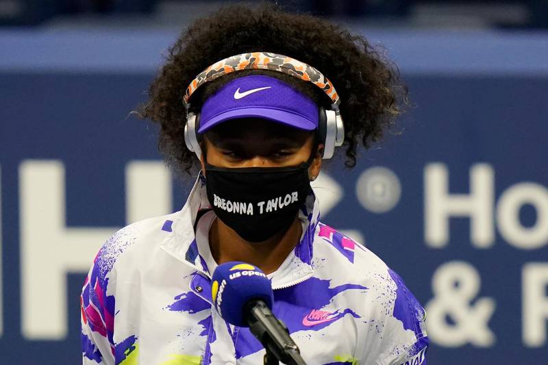 Naomi Osaka, of Japan, wears a mask in honor of Breonna Taylor before her match against Misaki Doi, of Japan, during the first round of the US Open tennis championships, Monday, Aug. 31, 2020, in New York. (AP Photo/Frank Franklin II)