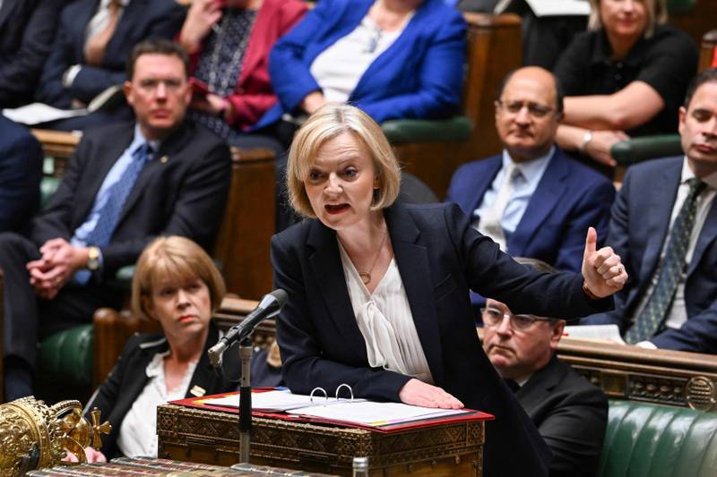 Britain's Prime Minister Liz Truss speaking during Prime Minister's Questions in the House of Commons in London on October 19, 2022. AFP PHOTO/Jessica Taylor/UK Parliament