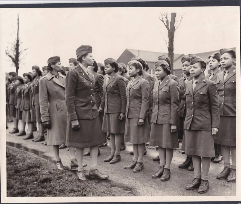 Members of the 6888th battalion stand in formation in Birmingham, England, in 1945. The Women's Army Corps battalion, which made history as the only all-female Black unit to serve in Europe during World War II. US Army Women's Museum via AP