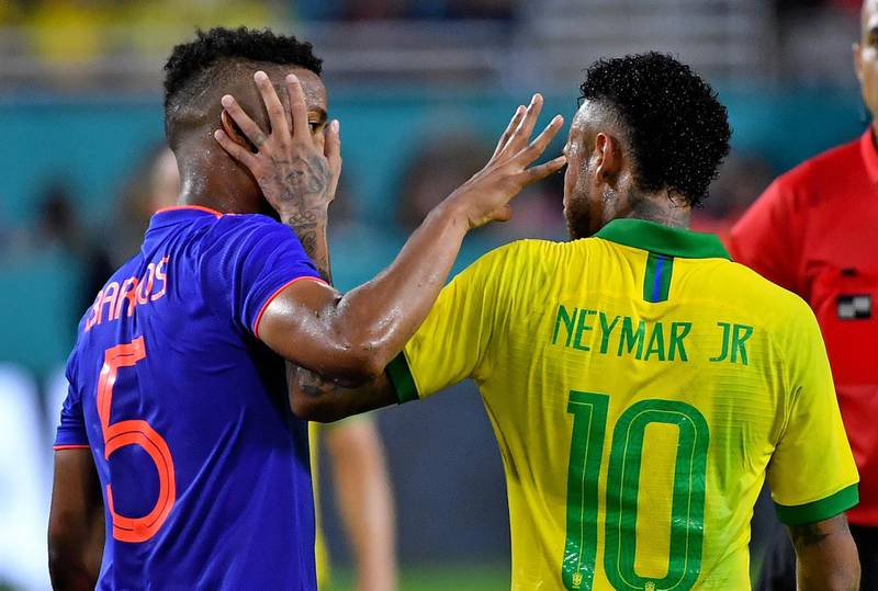 Colombia defender Wilmar Barrios exchanges words with Neymar. Credit: Steve Mitchell-USA TODAY Sports