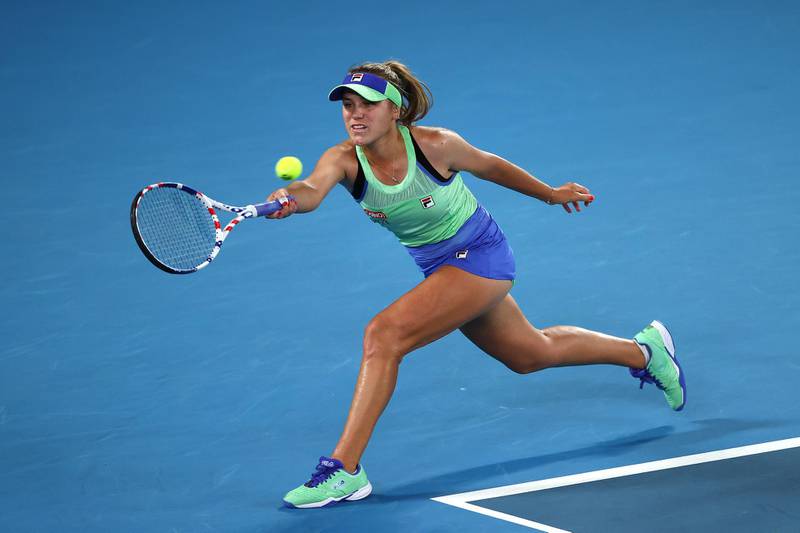 MELBOURNE, AUSTRALIA - FEBRUARY 01: Sofia Kenin of the United States plays a forehand during her Women's SinglesÂ Final match against Garbine Muguruza of Spain on day thirteen of the 2020 Australian Open at Melbourne Park on February 01, 2020 in Melbourne, Australia. (Photo by Graham Denholm/Getty Images)