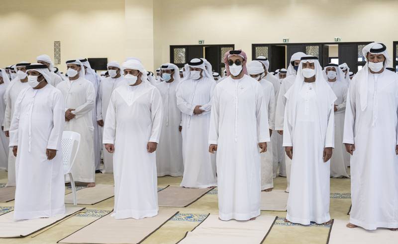 From right: Sheikh Saeed bin Saif, Sheikh Nahyan bin Mubarak, Sheikh Tahnoon bin Zayed, Sheikh Hamdan bin Zayed and Sheikh Saif bin Mohamed attend funeral prayers for Sheikh Khalifa bin Zayed at Sheikh Sultan bin Zayed The First mosque.