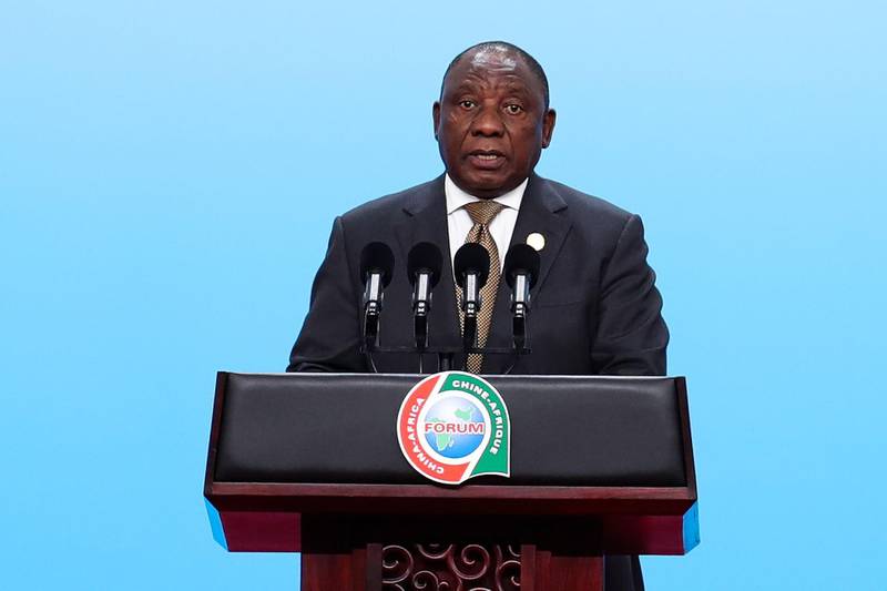 South Africa's President Cyril Ramaphosa speaks during the high-level dialogue between Chinese and African leaders and business and industry representatives ahead of the 6th Forum of China-Africa Cooperation at the Beijing National Convention Centre in Beijing on September 3, 2018. (Photo by Lintao Zhang / POOL / AFP)