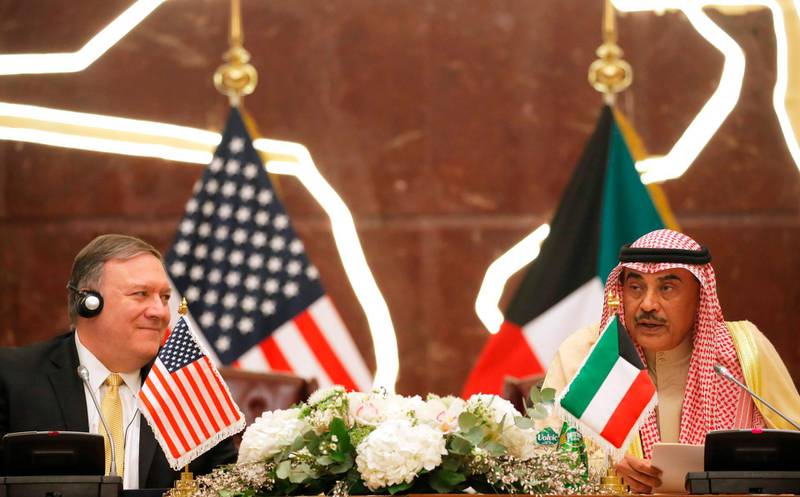 US Secretary of State Mike Pompeo (L) and Kuwait's Foreign Minister Sheikh Sabah al-Khalid al-Sabah give a joint press conference in Kuwait City on March 20, 2019. Pompeo, who landed in Kuwait yesterday night, will push for a greater role for the Middle East Strategic Alliance, a US-sponsored Arab NATO aimed at uniting Washington's Arab alies against Tehran. 
 / AFP / POOL / JIM YOUNG
